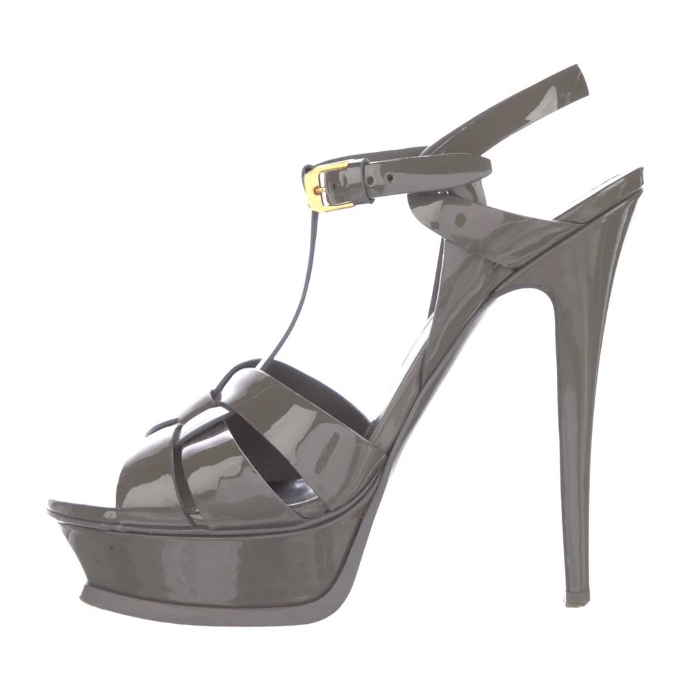 YSL SAINT LAURENT TRIBUTE PLATFORM SANDALS IN GREY PATENT LEATHER SIZE 40